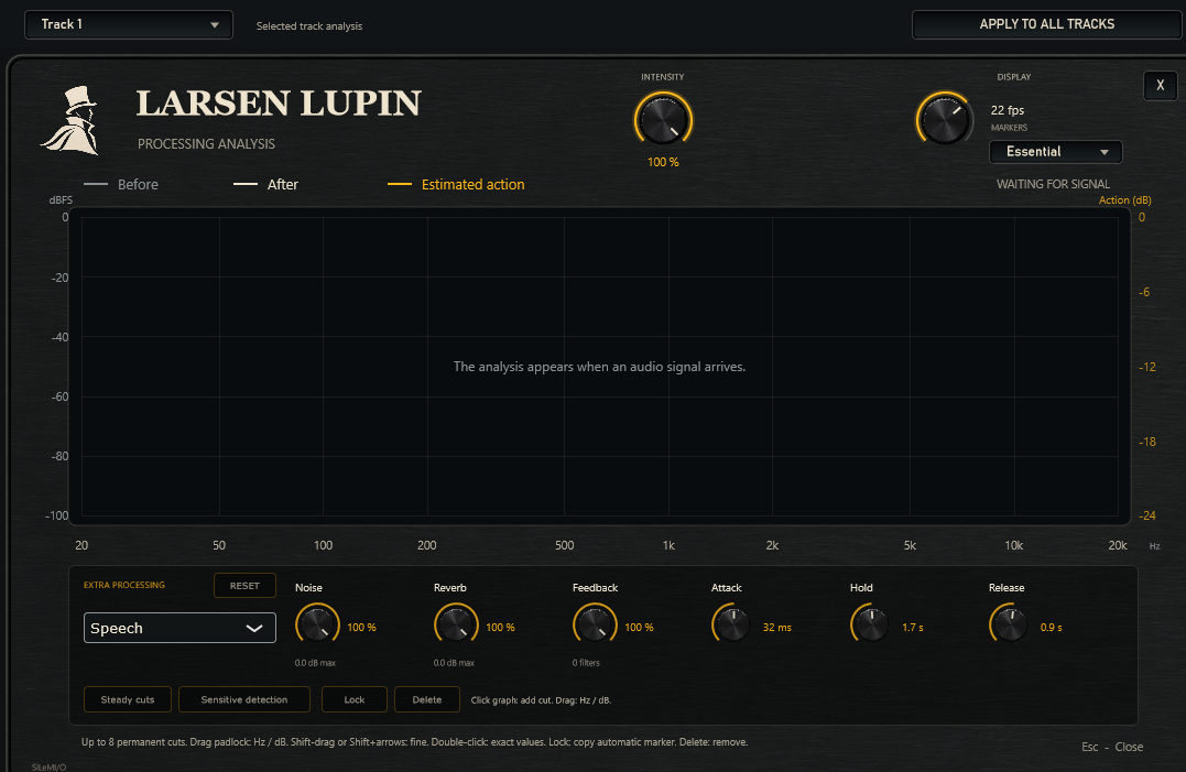 Analyse du traitement Larsen Lupin : courbes avant et après, action estimée et réglages détaillés.
