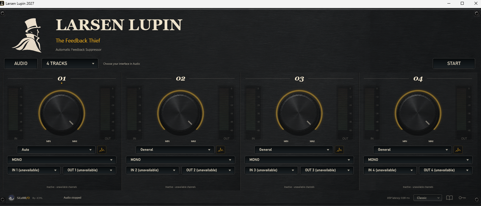 Interface multipiste Larsen Lupin avec quatre pistes de traitement configurées indépendamment.